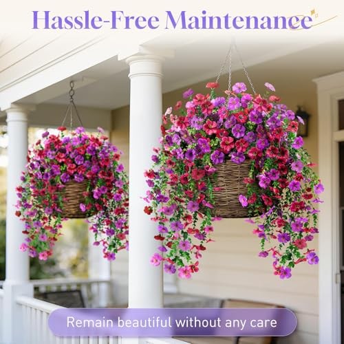 BlessedSeason 4 Pcs Artificial Hanging Flowers - UV Resistant - 4 PCS Red Purple gallery