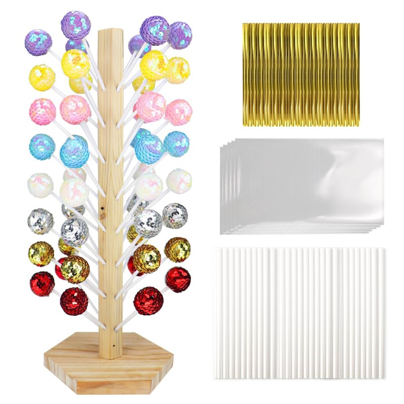48-Hole Cake Pop Holder with 100 Sticks Wrappers Kit Wooden Lollipop Stand