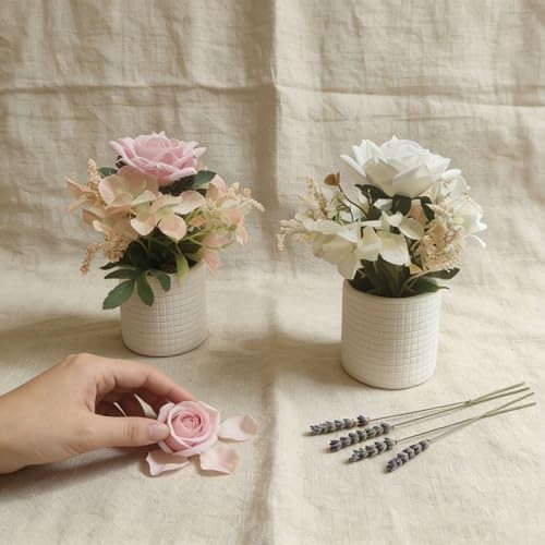 Artificial Roses, 2 Pack White and Pink Faux Rose Flowers in Plastic Pots, gallery