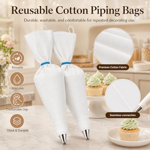 Reusable Piping Bags and Tips Set – 16" Cotton Pastry Bags Durable 17 Pcs Set gallery