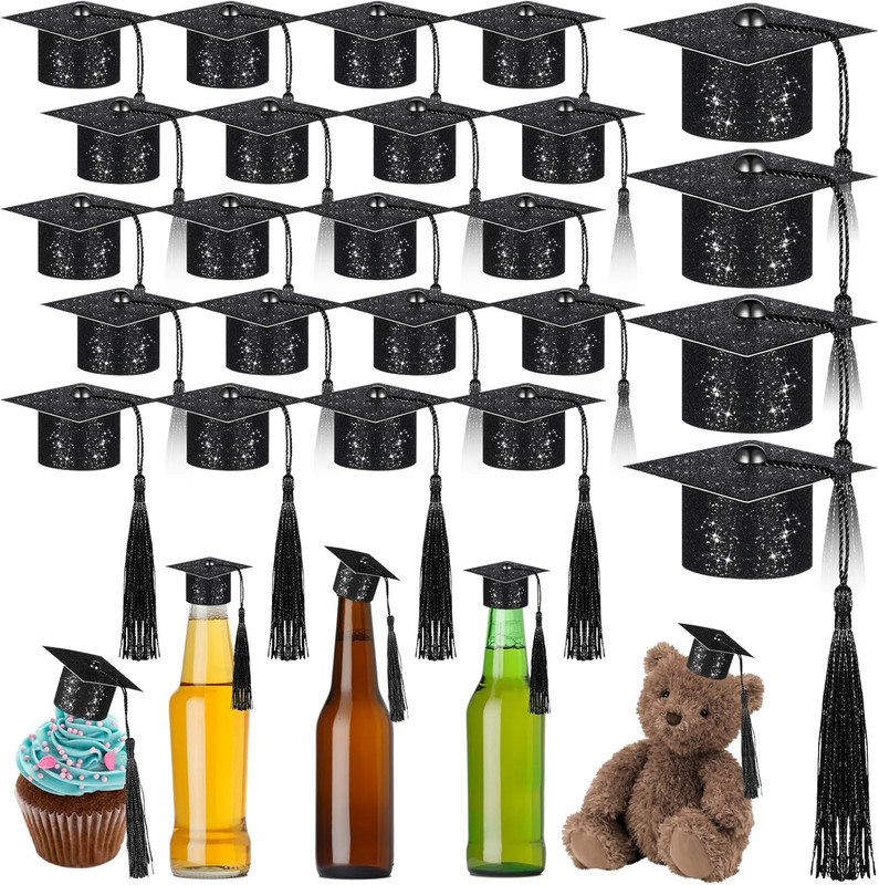 24 Pieces 2026 Mini Graduation Cap with Tassels Wine Bottle Topper Glitter Small