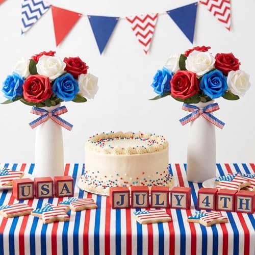 2 Sets 4th of July Artificial Flowers and Vase Red Blue White Patriotic Rose gallery