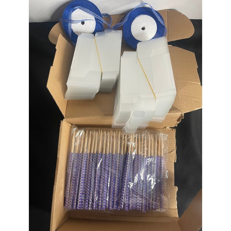 Zhehao 100 Set Clear Boxes Royal Blue Ribbon Rhinestone Sticks Kit
