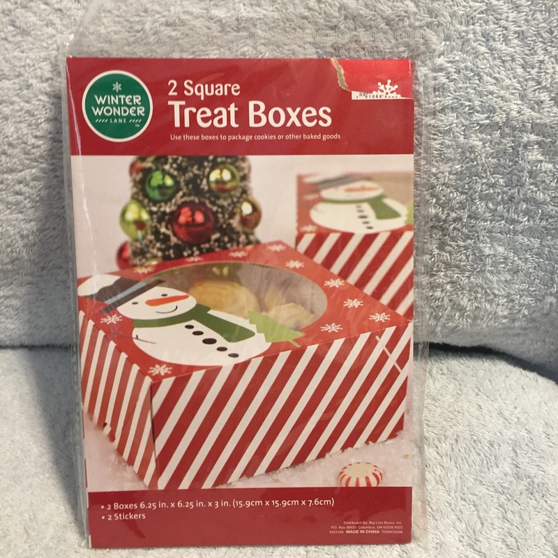 2 Square Christmas Holiday Snowman Treat Boxes W/2 Stickers 6.25″ X 6.25″ X 3″