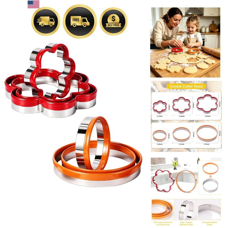 6 Pcs Professional Stainless Steel Cookie Cutters Set Soft PVC Coated, Flower…