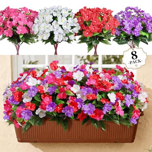 Bundles Artificial Impatiens Flowers Faux Silk Plant for 8 Redwhitepurplerosy gallery