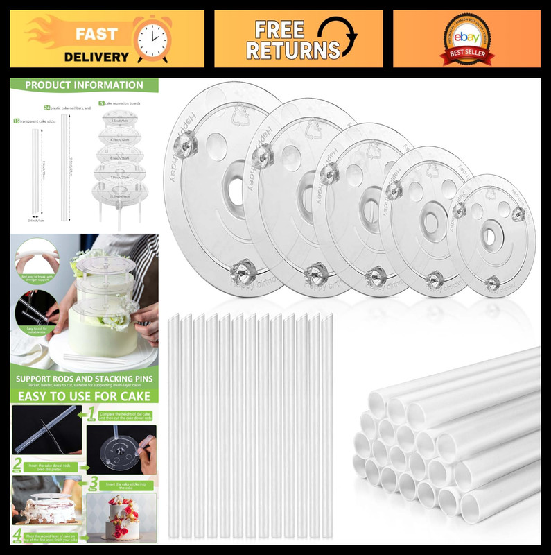 5 Cake Separator Plates & 24 Dowels + 15 Clear Sticks for Tiered Cakes 4-12