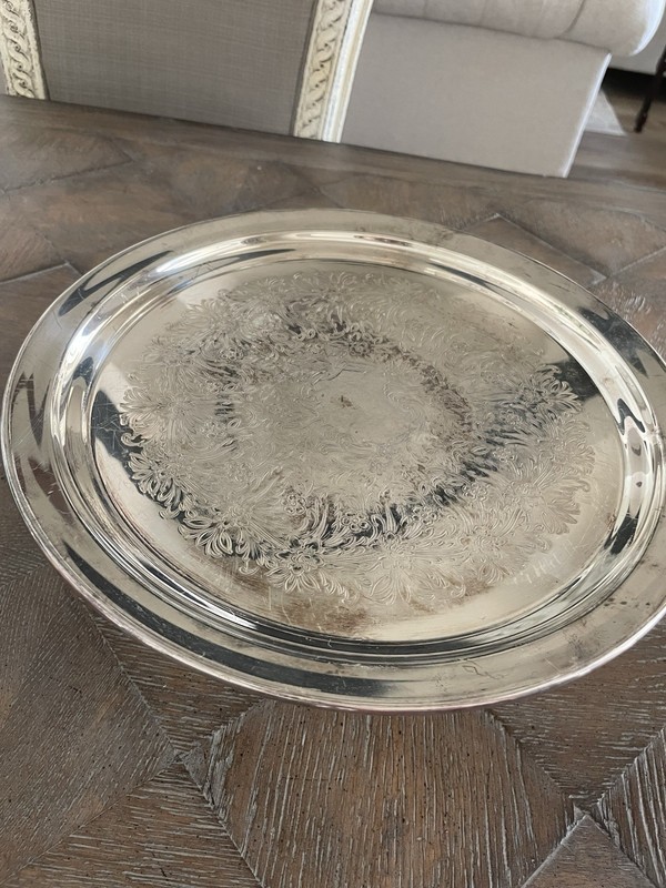 Vtg Reed & Barton Silver Plate Metal Round Pedestal Cake Stand 12" Etched Floral gallery