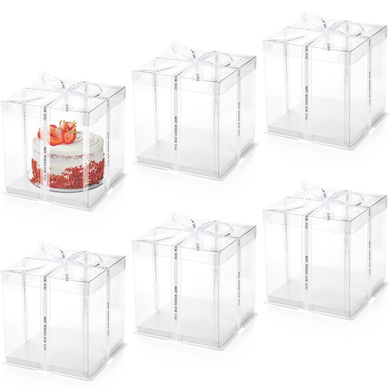 6 Pcs Clear Cake Box with Ribbon 2-Layer Tall Packaging Boxes 8x8x9 Inch PET gallery