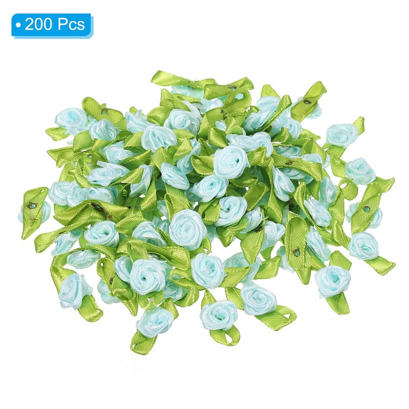 Mini Ribbon Roses, 200 Pcs Satin Fabric Flowers with Green Leaves, Light Blue gallery