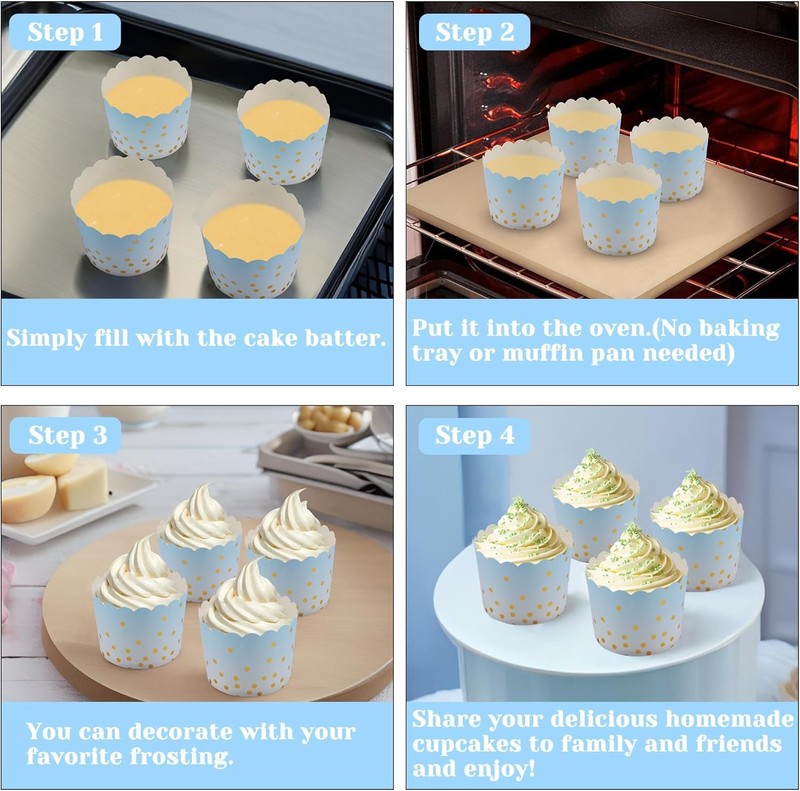 Cupcake Liners Baking Standard Size Blue Muffin Paper Liners W/ Gold Polka Dots gallery