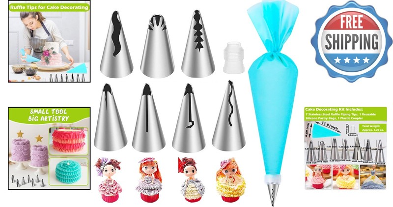 9-Piece Vintage Ruffle Piping Tips Set - Stainless Steel Cake Decor Essentials gallery