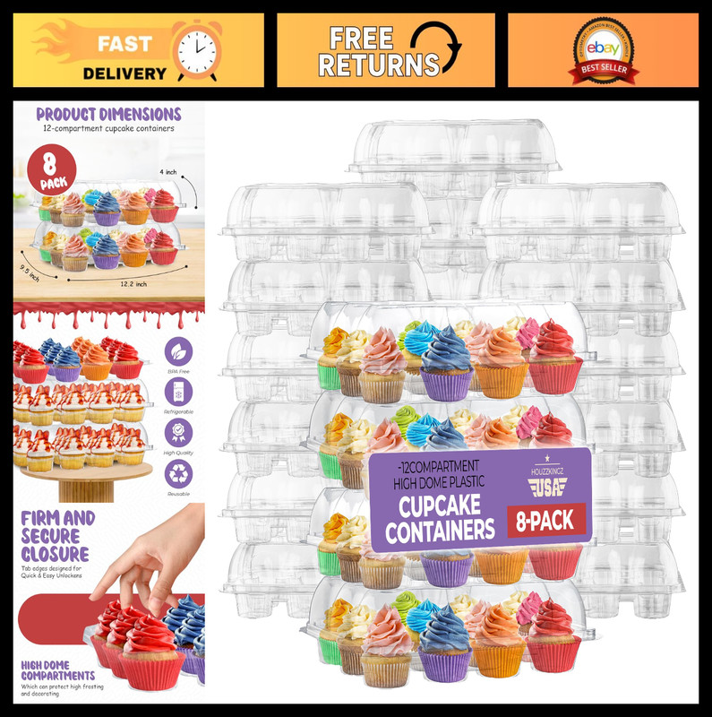 12 Compartment Cupcake Containers – 8 Pack Disposable High Dome Boxes, Sturdy &
