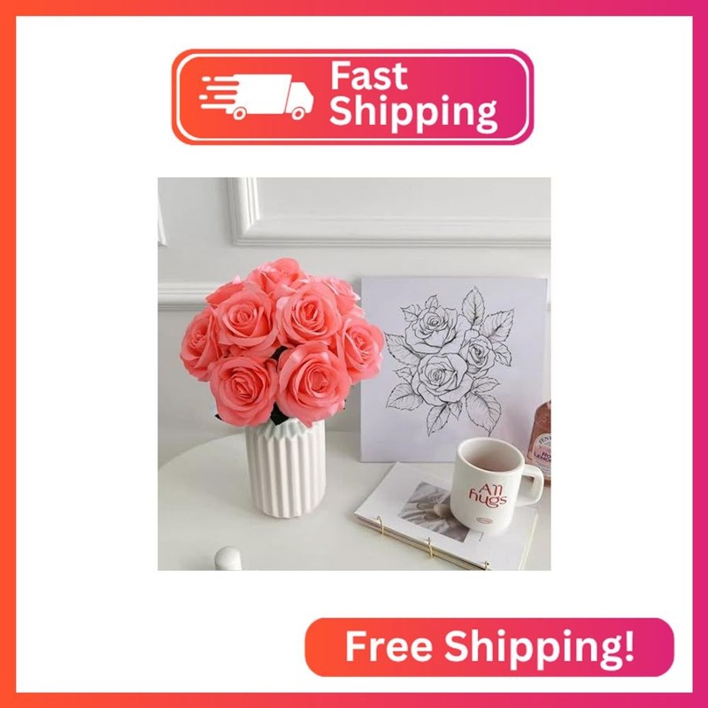 10 Pcs Peach Rose Artificial Flower, Faux Silk Flowers With Long Stems, Fake Ros gallery