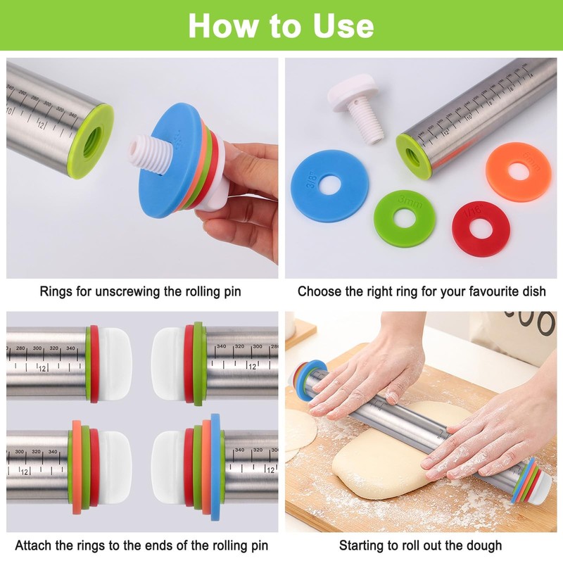 Adjustable Rolling Pin with Thickness Rings for Baking, Stainless Steel Desig... gallery
