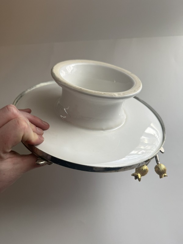 Designer Style Silverplate Porcelain Cake Stand Pedestal Pomegranate Vine Gold gallery
