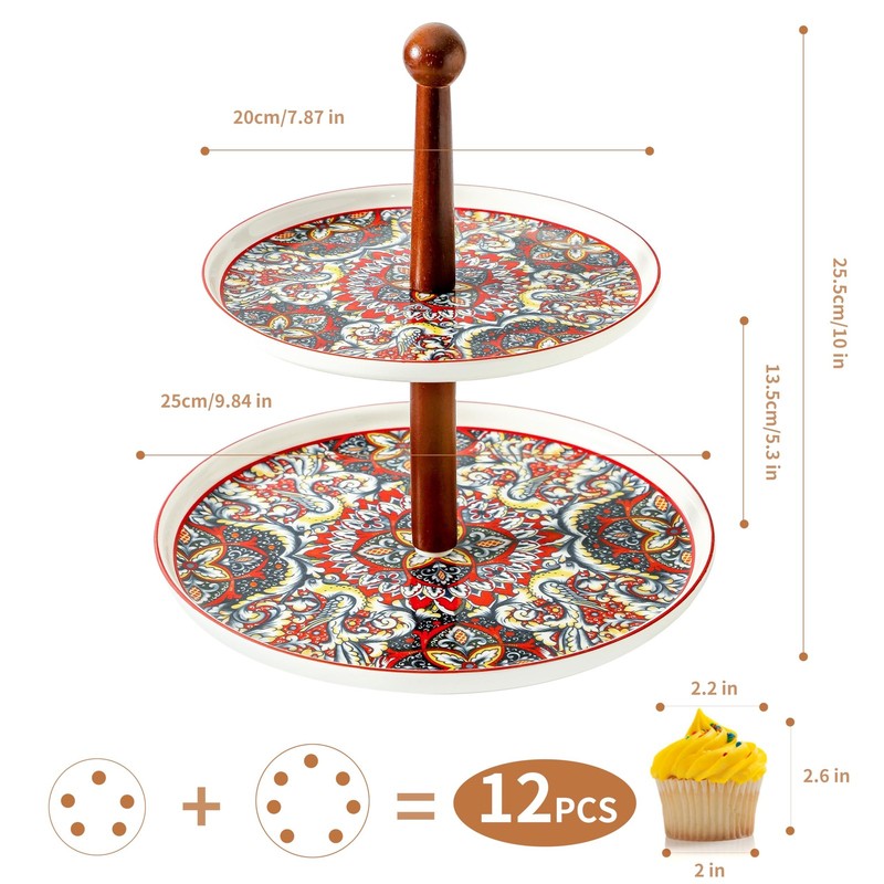2 Tiered Cupcake Dessert Stand Ceramic, Tiered Serving Cake Stand Bohemian Pl... gallery