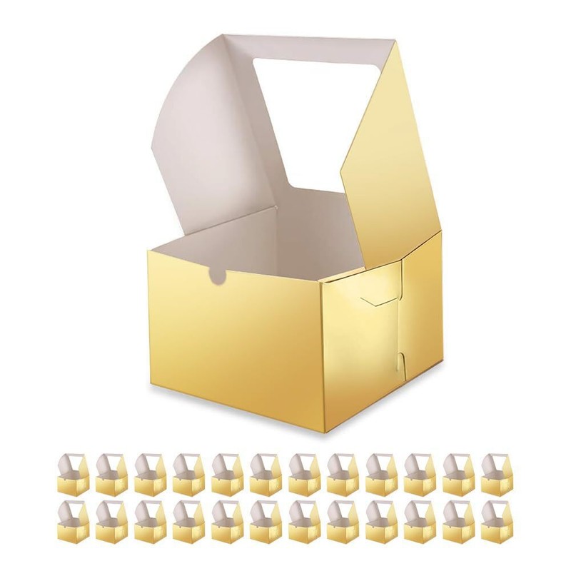 25 Gold Bakery Boxes With Window 6x6x4 Inches Cake Boxes With Window Treat Boxes