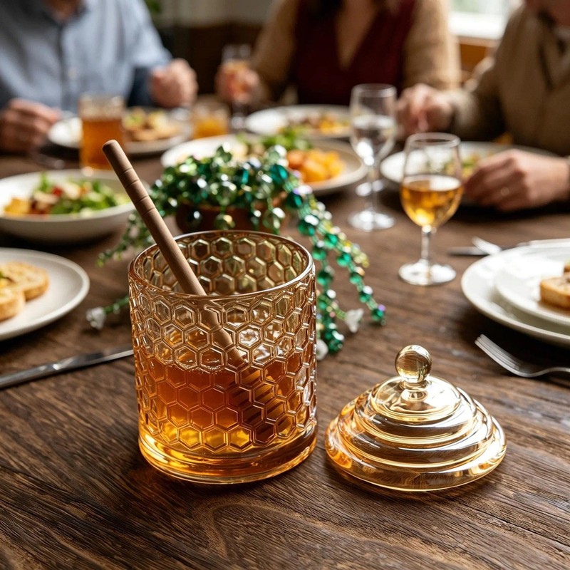 Champagne Crystal Glass Honey Pot with Dipper Sticks - No Drip Honey Dispense... gallery