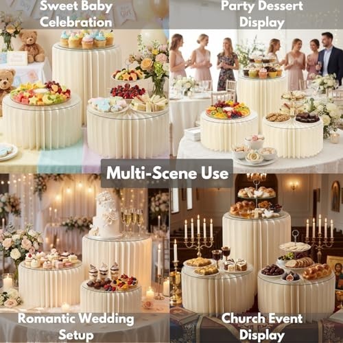 Buffet Risers for Party, Shape&Use 3PCS Round Cream White Cake Stands, Foldable gallery