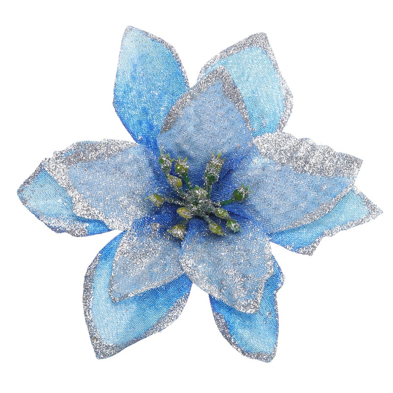10Pcs Christmas Glittered Artificial Christmas Flowers Picks Ornaments (Blue)