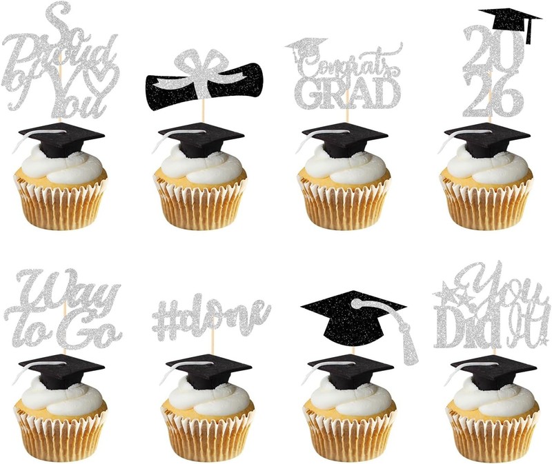 Graduation Decorations 2026 Silver White, Graduation Cupcake Toppers 2026 Silver