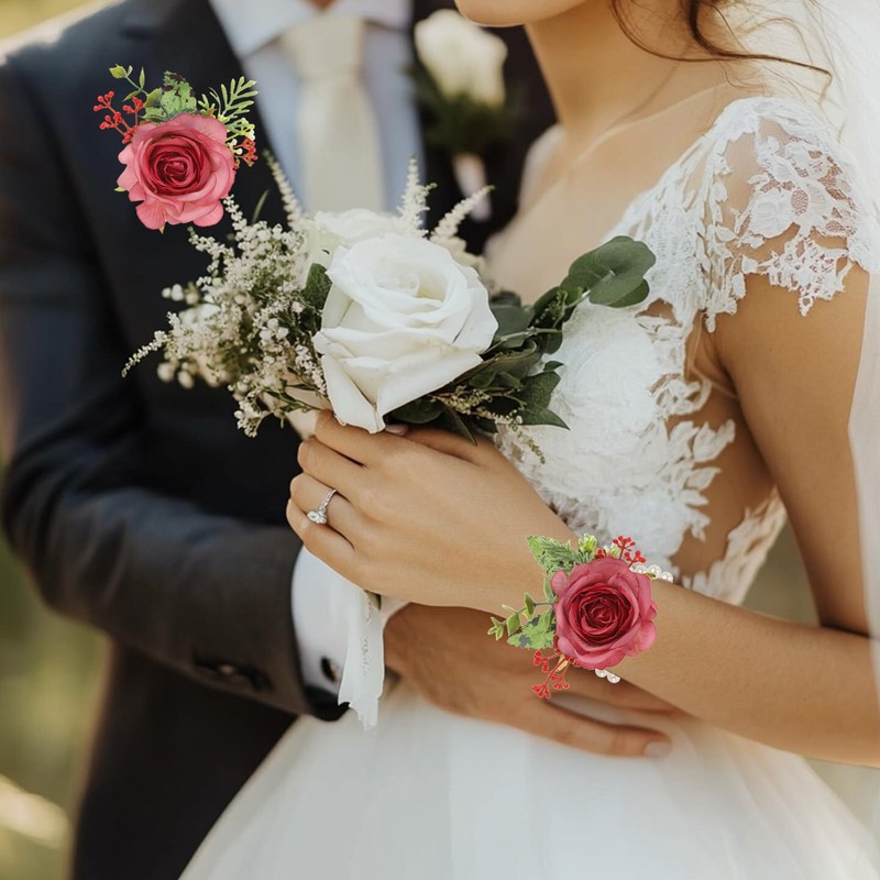 2 Pcs Rose Wrist Corsage and Boutonnieres Set, Wedding Flower Wristlet White gallery