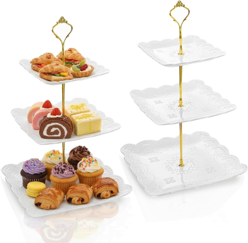 2 Pack 3-Tier White Ceramic Embossed Dessert Cake Tower Stand with Gold Carry Ha gallery