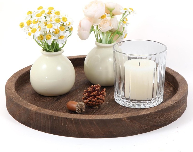 Wooden Decorative Tray Candle Holder Round Wood Home Brown–round