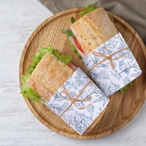 150Pcs Blue Floral Wax Paper for Food Chinoiserie Blue White Flower Decorative gallery