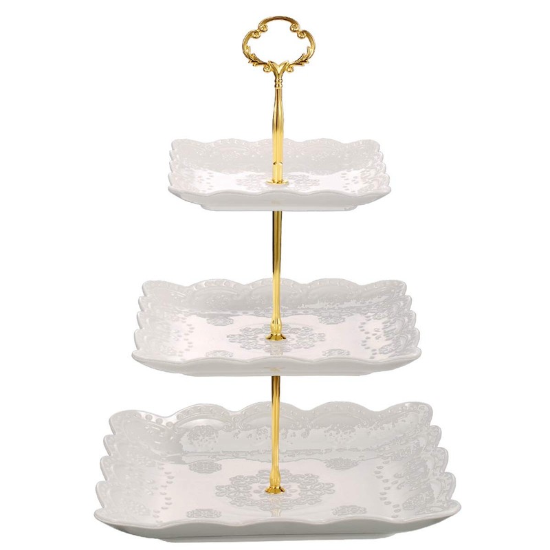 3 Tier Porcelain Cupcake Stand, Tiered Serving Cake Stand, Square White Embos…