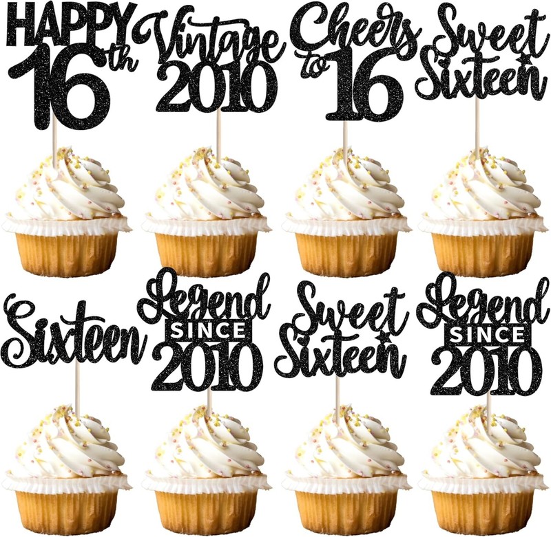 24PCS Black 16th Birthday Cupcake Toppers Sweet Sixteen Happy 16th Vintage 2010