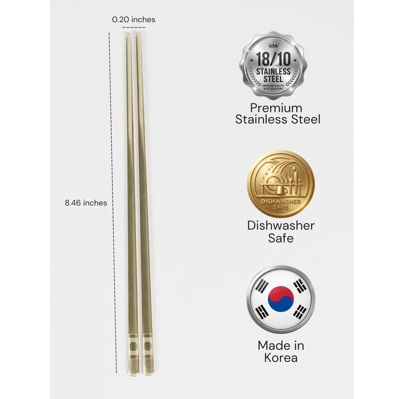 Korean Spoon and Chopstick 2 Set – Premium 18/10 Titanium Gold – Double Happi... gallery