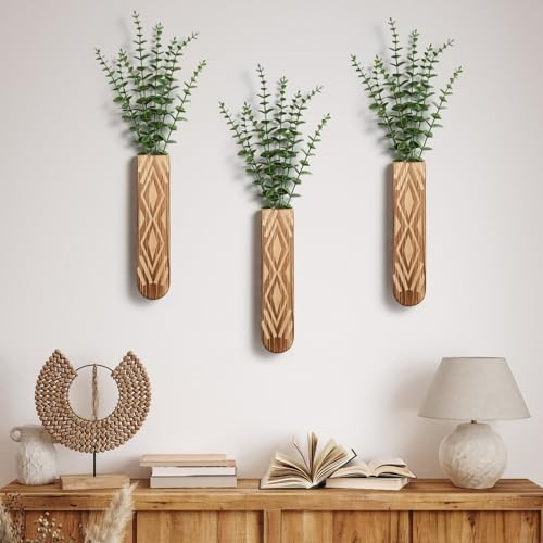 3 Pack Wood Wall Planter, Boho Wall Vase for Hallway Decor and Log Color-a gallery