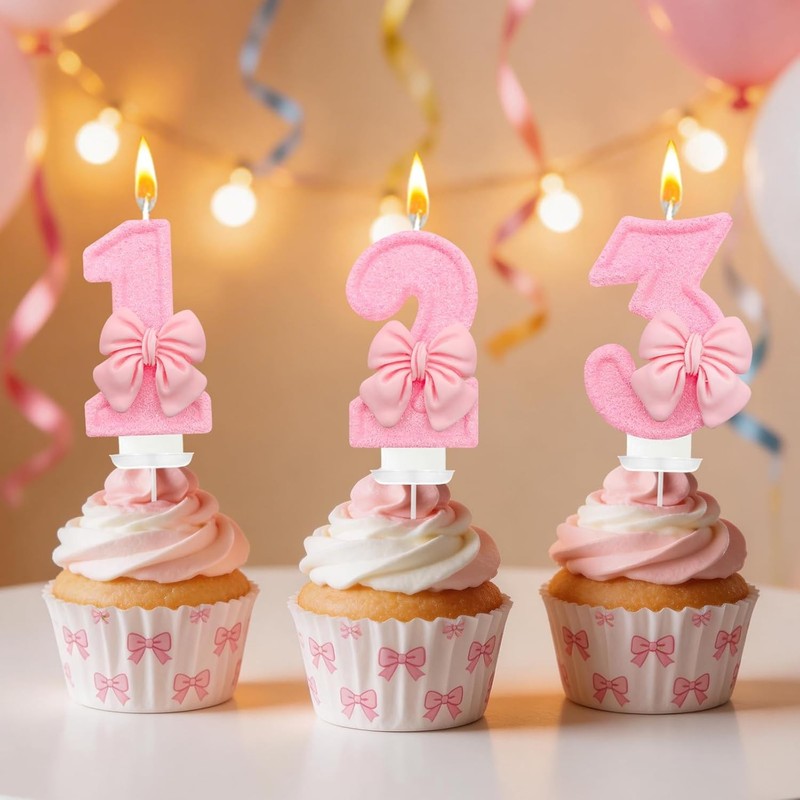 Birthday Cake Candles, Pink Glitter Number Candles with Bow Decoration，Pink gallery
