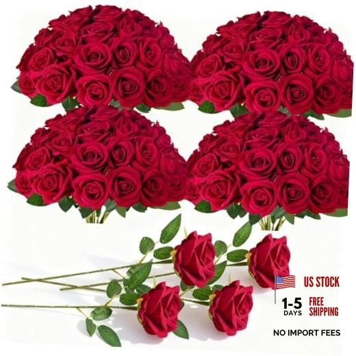 Fake Roses Bulk Artificial Flowers, Artificial Velvet Silk Roses 100 Pcs Red