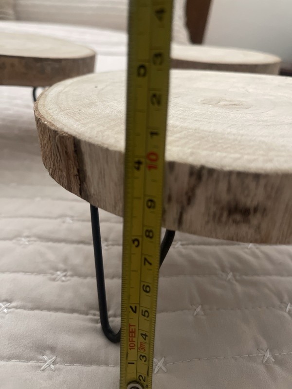 Cream Co-op Round Wood Cake Stand w/ Black Metal Legs Elevated 10in Rustic 3 pc gallery
