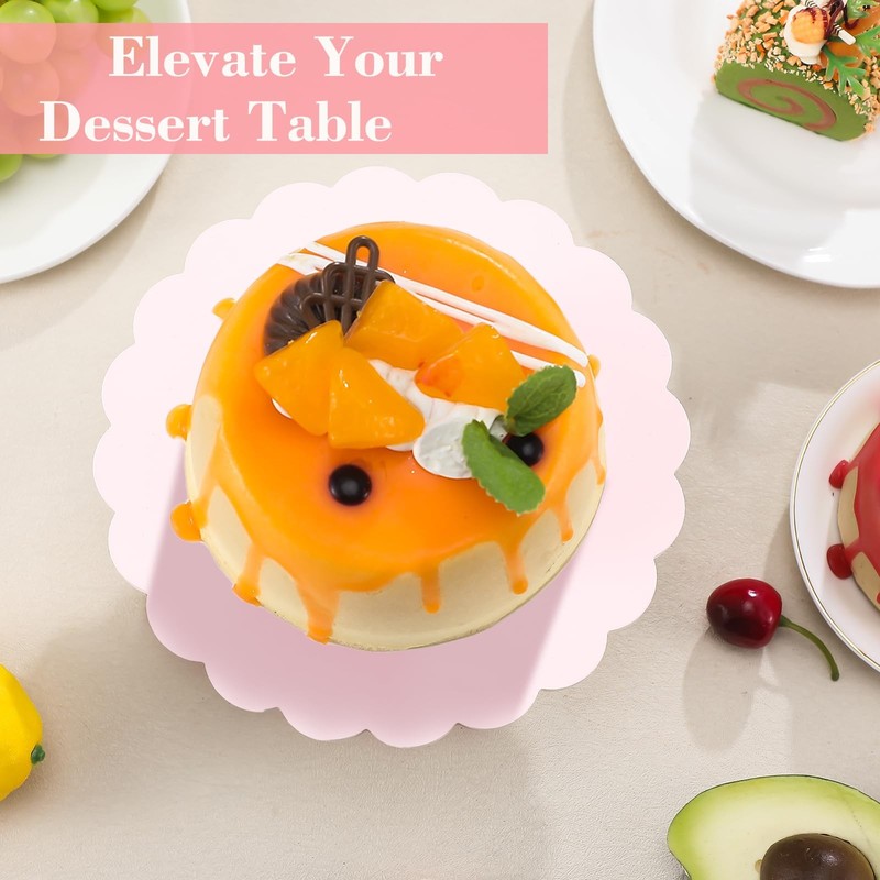 Pink Wooden Cake Stand Scalloped Reusable Round Cake Stand Dessert Holder for... gallery