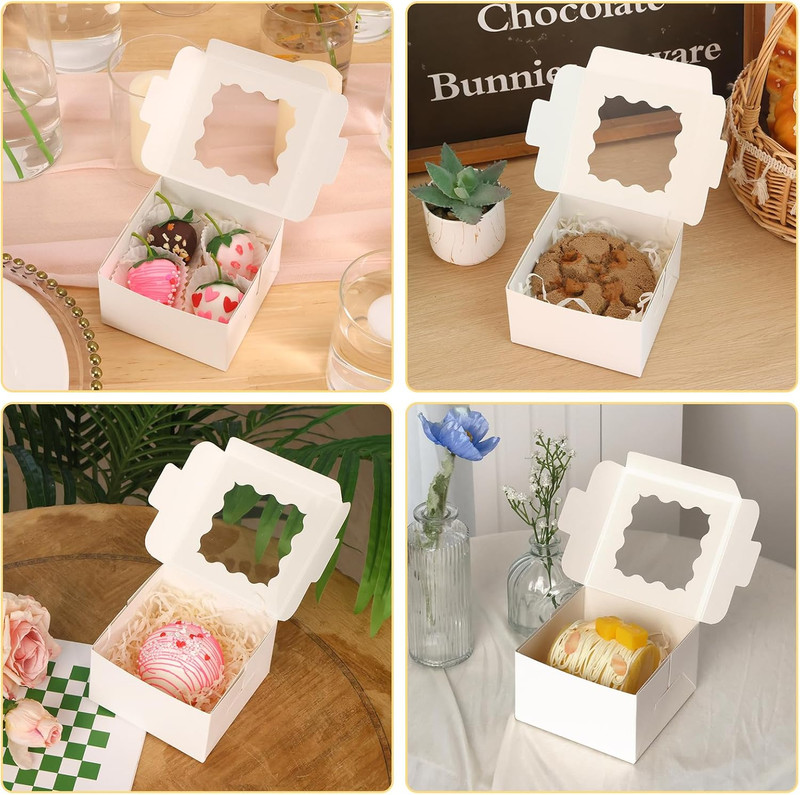 50Pcs White Cookie Boxes with Window, 4X4X2.5 Inches Bakery Boxes with 5Pcs Stic gallery