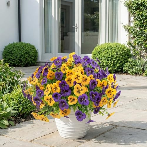 Pcs Artificial Fake Pansy Flowers for Outdoor - Faux UV 18 - Yellow,purple gallery