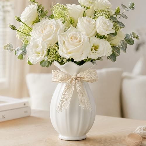 White Ceramic Vase with Ribbon, Flower Vase for Home Decor, Decorative Vases