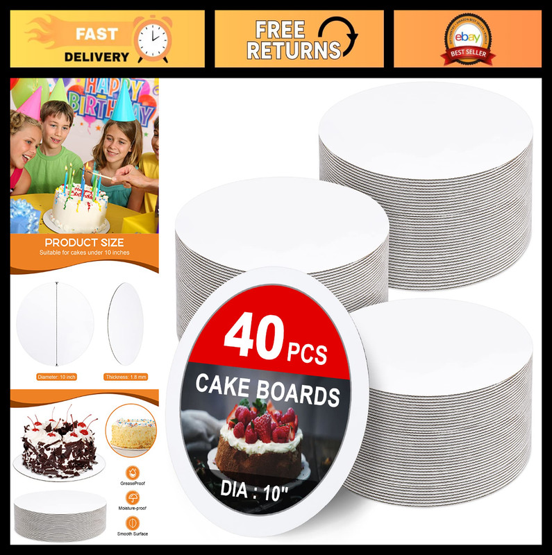 40-Pack 10″ Round Cake Boards – Food-Grade White Cardboard Circles for Cakes, De