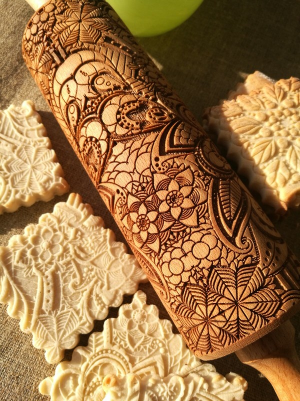 Engraved Wood Rolling Pin Embossed Dough Roller Springerle Mandala Cake Cookie gallery