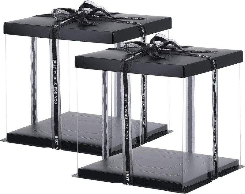2Pcs Large Cake PET Clear Box, 10" X 10" X 9" with Ribbon and Pre-Folded Lid, fo gallery