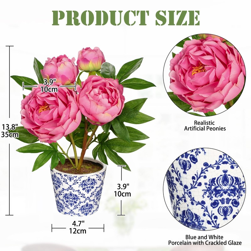 Briful Faux Peony Flowers in Blue and White Ceramic Pot – 13.8" Realistic Silk P gallery