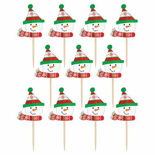 36 Christmas Snowman with Toboggan on Red White Green Paper Cupcake Baking Picks