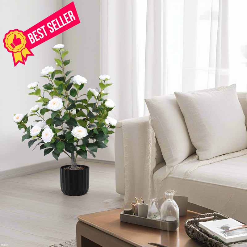 Hananona 2 Pcs Artificial Camellia Trees Faux Plant in Medium, White gallery
