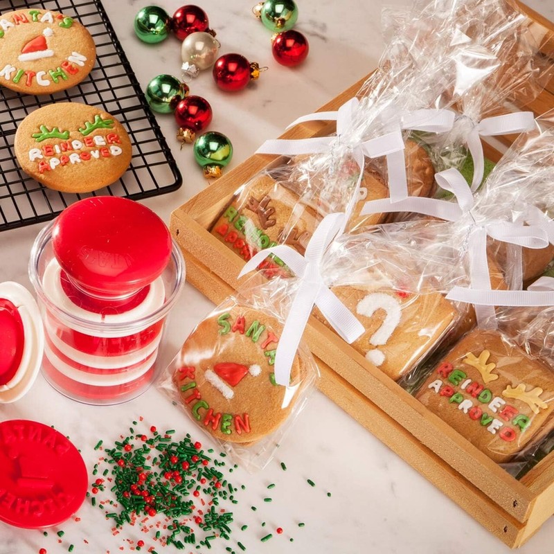 Hutzler Santa's Kitchen Holiday Cookie 6 Stamps Set Red Christmas Measuring Cup gallery