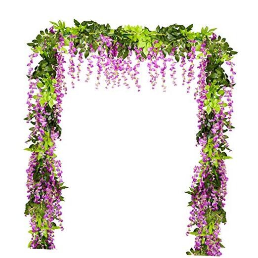 Wisteria Artificial Flowers Garland, 4 Pcs Total 28.8ft Purplish Red