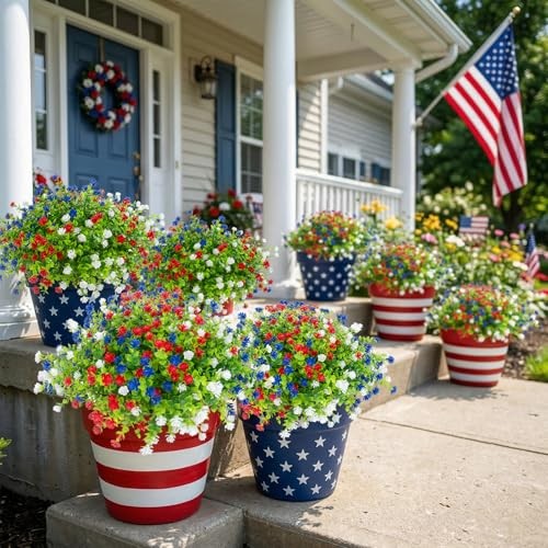 Pcs Artificial Flowers Outdoor, Faux Artificial Plants UV 12 Red, White, Blue gallery